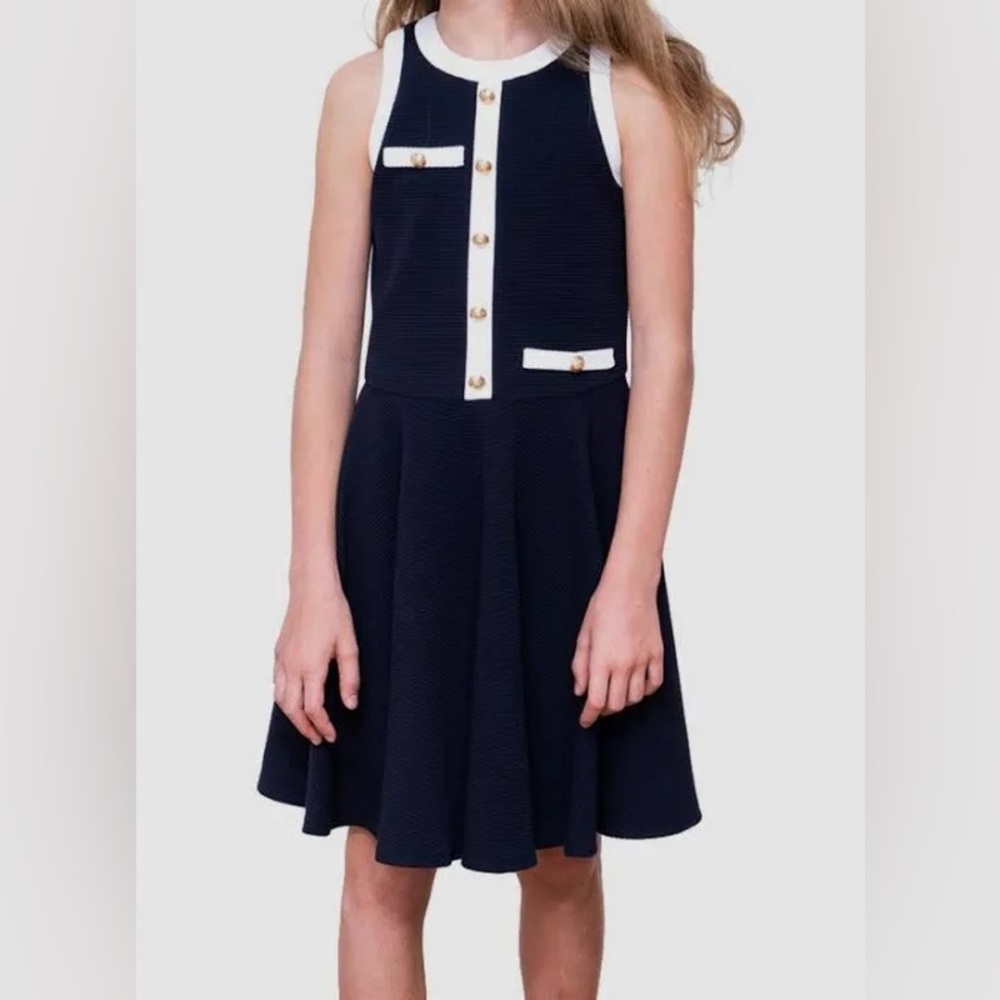 David Charles Kids Girls Blue Contrast Trim Sleeveless Button Dress Size 14